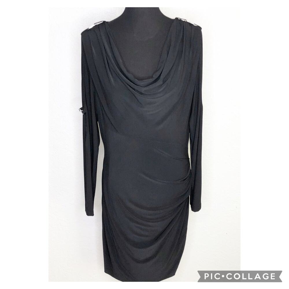 Cache black cowl neck draped open slit sleeve midi dress size Large